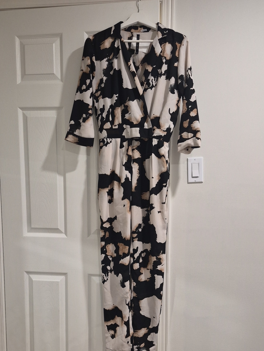 Walter Baker Black & Cream Abstract Wrap Jumpsuit